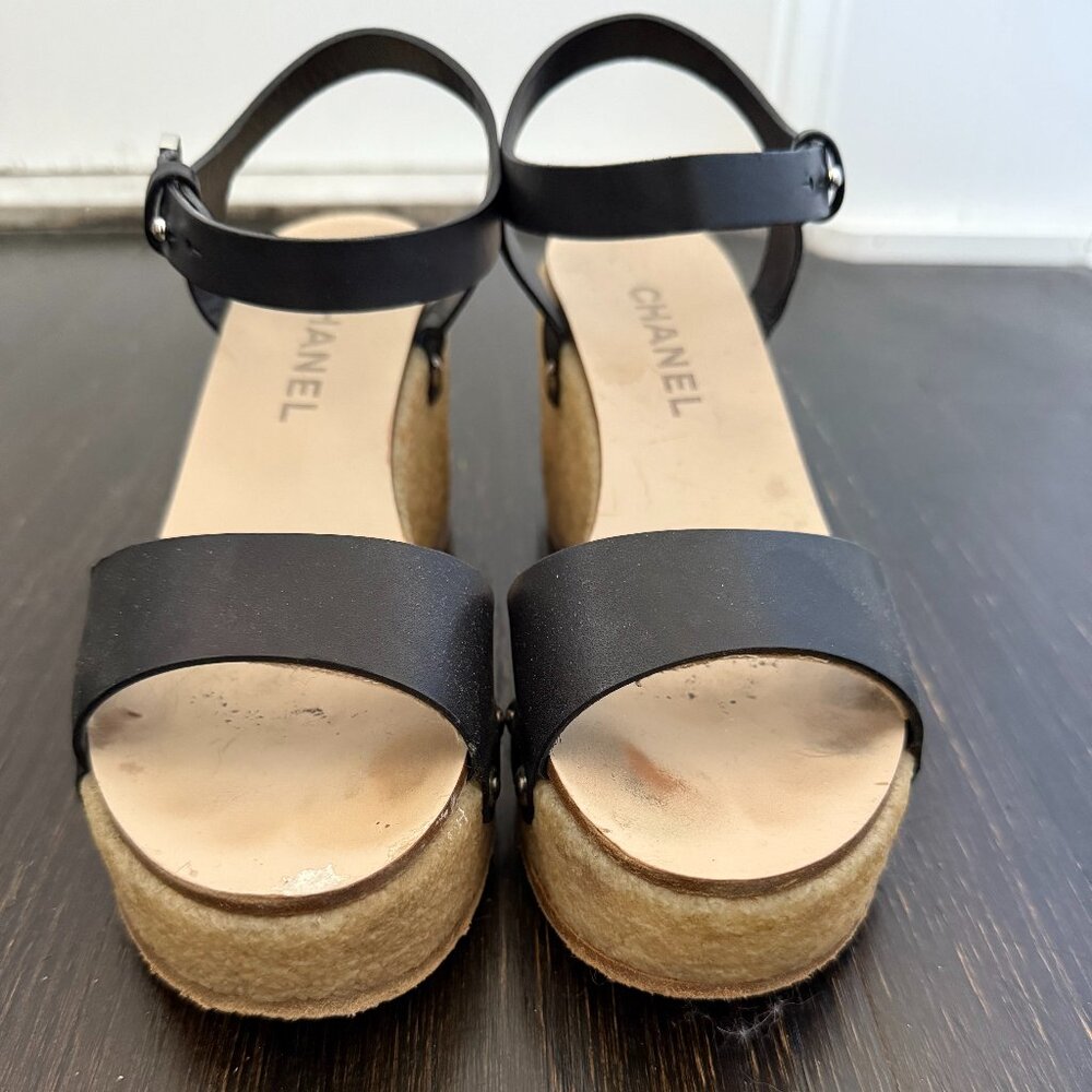 Chanel Black Leather Platform Wedge Sandals EU 37.5/ US 7.5 - Picture 2 of 4